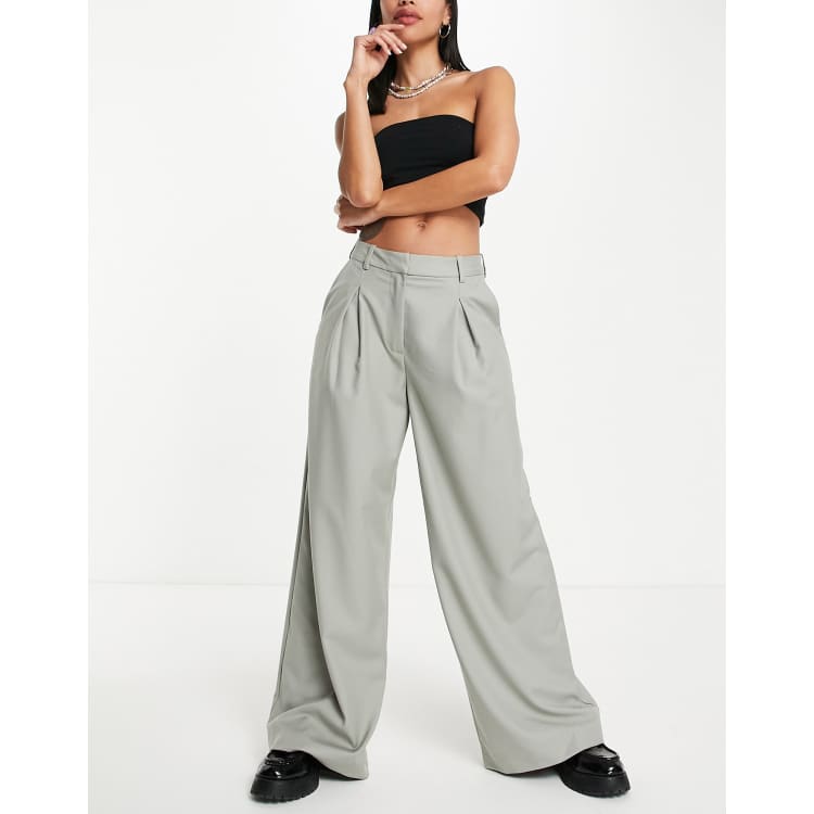 Weekday Indy polyester wide leg tailored pants in khaki - KHAKI