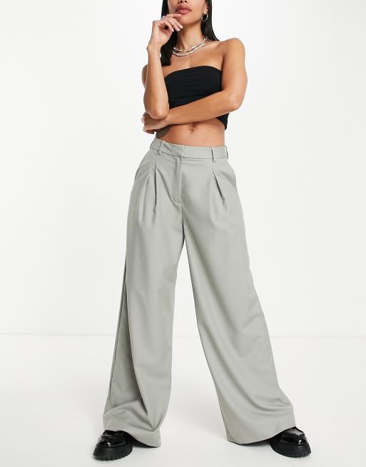 Weekday Indy polyester wide leg tailored pants in khaki - KHAKI