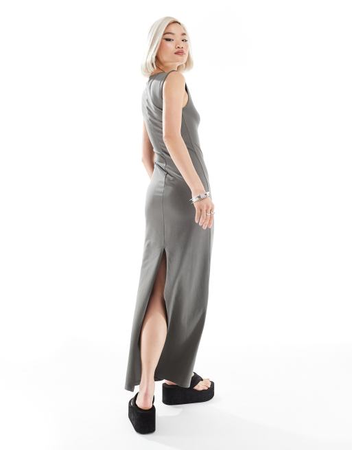 Weekday Inez slim fit maxi dress with back split in grey exclusive to ASOS 	, 3 of 4