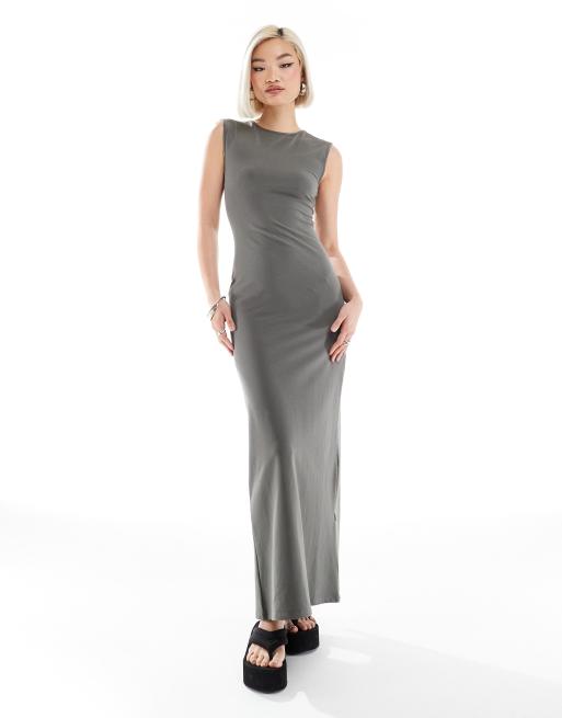 Weekday - Inez - Slim-fit maxi jurk met split aan de achterkant in grijs - exclusief bij ASOS 	