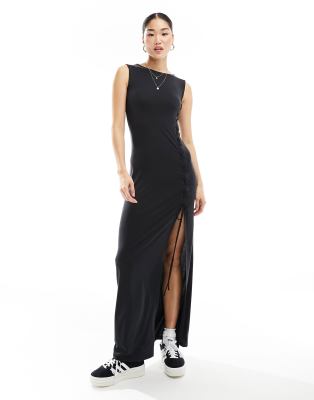 Weekday Ira Boatneck Maxi Dress With Tie Split Side In Black