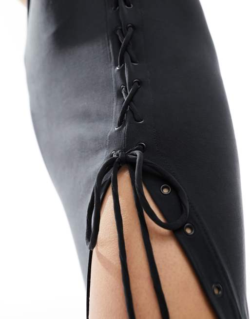 Weekday - Ira - Vestito lungo nero con spacco laterale e scollo a barchetta, 2 di 4