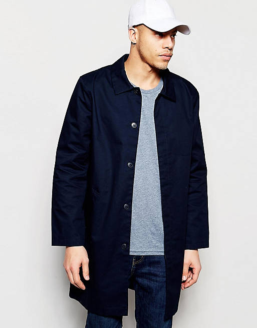 Weekday Island Trench Coat Longline with Collar in Dark Blue | ASOS