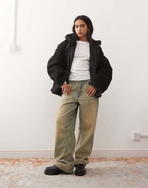 Weekday – Jacke aus Canvas in verwaschenem Schwarz mit Kunstpelzkragen, 2 von 4