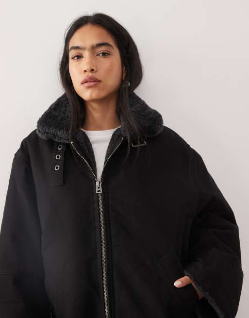 Weekday – Jacke aus Canvas in verwaschenem Schwarz mit Kunstpelzkragen, 4 von 4