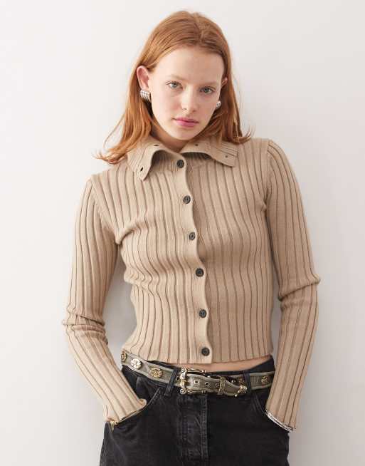 Weekday - Jackie - Beige cardigan med høj hals i chunky ribstrik