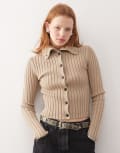 [Weekday] Weekday Jackie chunky rib cardigan with high neck in beige-Neutral XL Beige