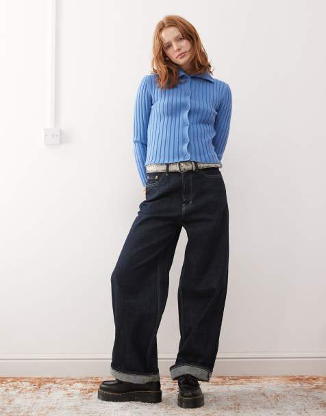 Weekday Jackie chunky rib cardigan with high neck in blue - view 1
