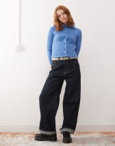 Topshop jersey shrunken long sleeve rugby top in blue