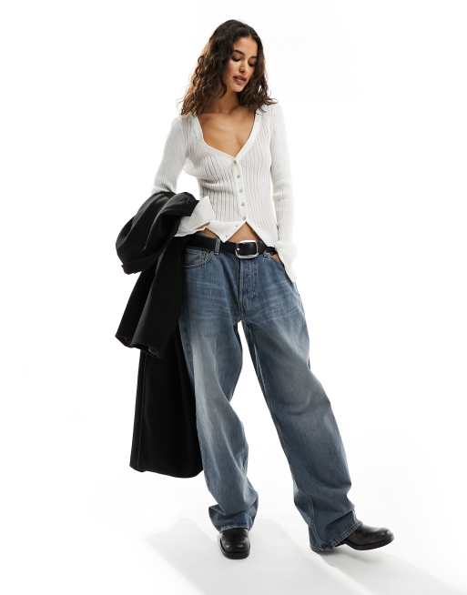 Weekday - Jada - Gilet en maille pointelle à col V - Blanc cassé