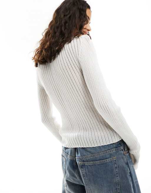 Weekday Jada pointelle v neck cardigan in off white