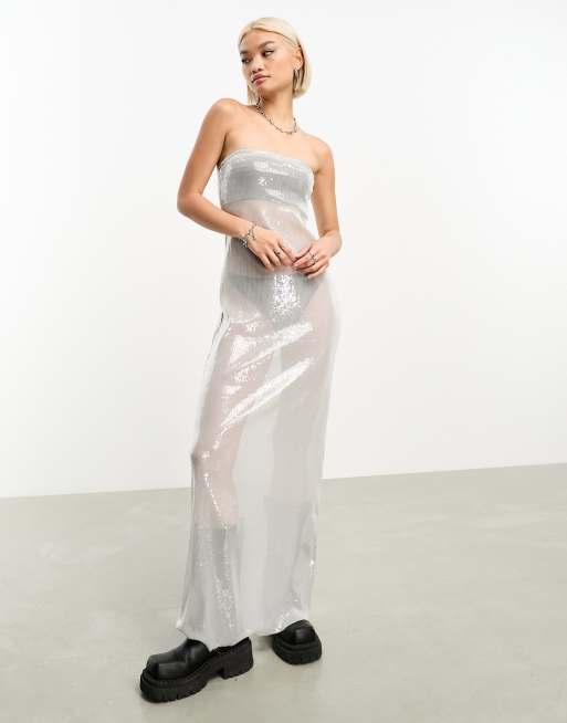 Weekday Jade sheer sequin tube maxi dress in grey silver