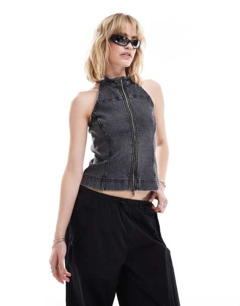 Weekday Jaime sleeveless zip through rib top in washed black - view 1