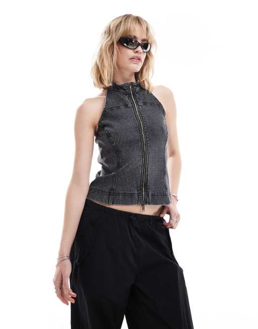 Weekday - Jaime - Top nero slavato a coste senza maniche con chiusura con zip