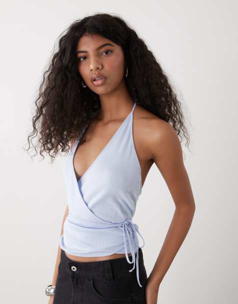 Weekday – Jasnoniebieski kopertowy top z dekoltem typu halter - view 1