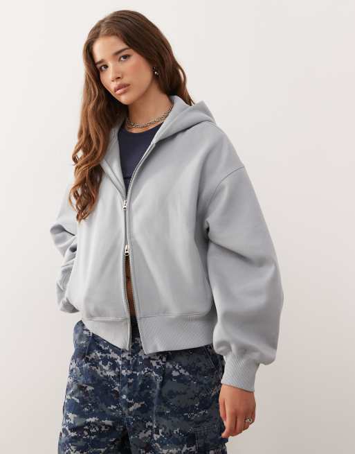 Weekday – Jasnoszara melanżowa miękka bluza z kapturem oversize z grubego dżerseju z zapięciem na zamek