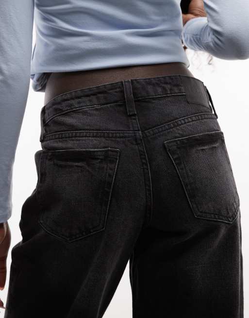 Weekday jean baggy taille basse Ample noir délavé avec détail moustaches à l’ourlet, 4 de 5