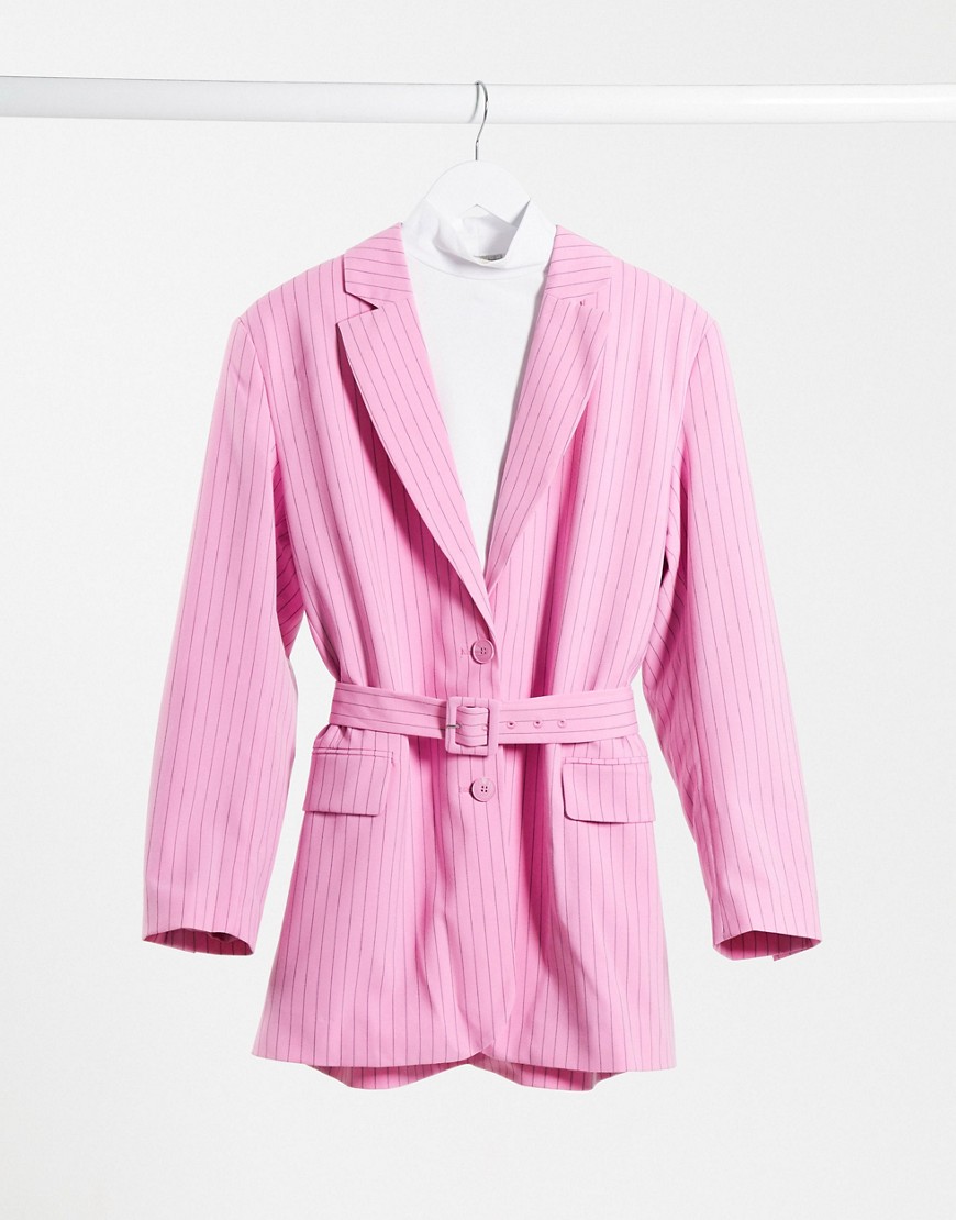 Weekday - Jean - Gerecyclede blazer met riem en krijtstreep in roze, combi-set