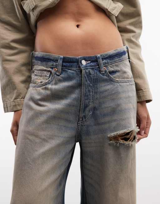 Weekday jeans baggy à taille basse, jambe large, avec détails usés, bleu à reflets roses, 5 de 5