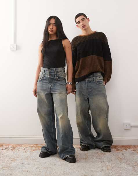 Weekday - Jeans larghi unisex lavaggio blu sbiadito con doppia fascia in vita - view 1