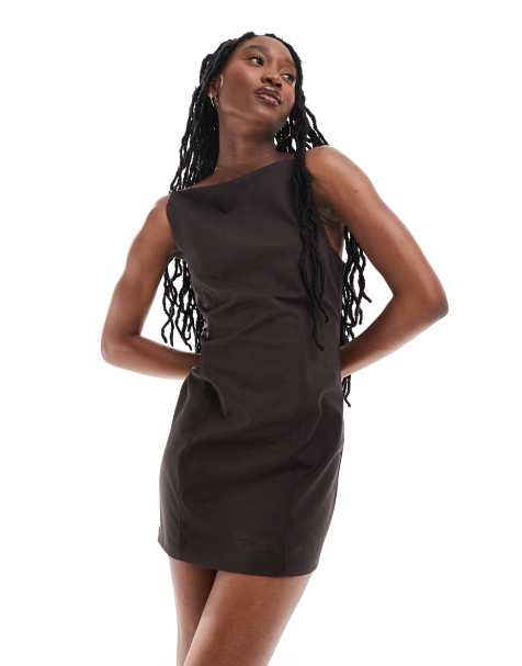 Weekday Jemma mini dress with open back detail in brown - view 1