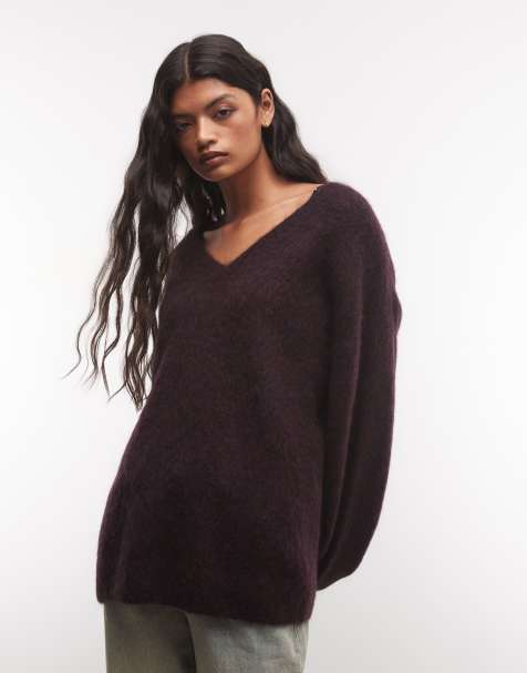 Weekday jersey de cuello de pico en mezcla de lana y mohair, premium, en burdeos oscuro jaspeado - view 1