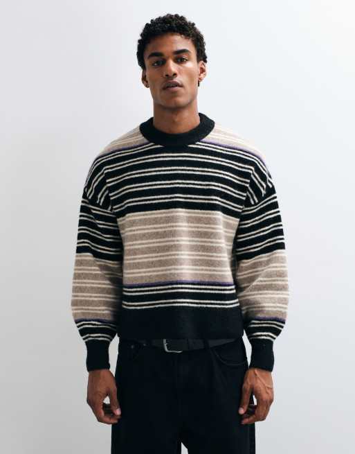 Weekday - Jersey de mezcla de lana a rayas beige, negro y morado, 2 de 5
