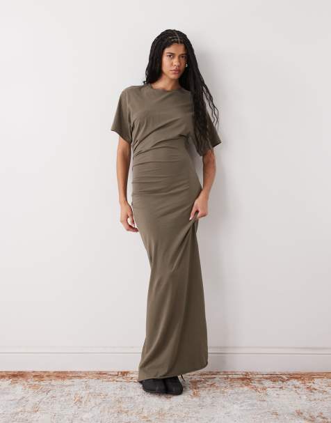 Weekday jersey maxi dress with ruched side detail in dark grey - view 1
