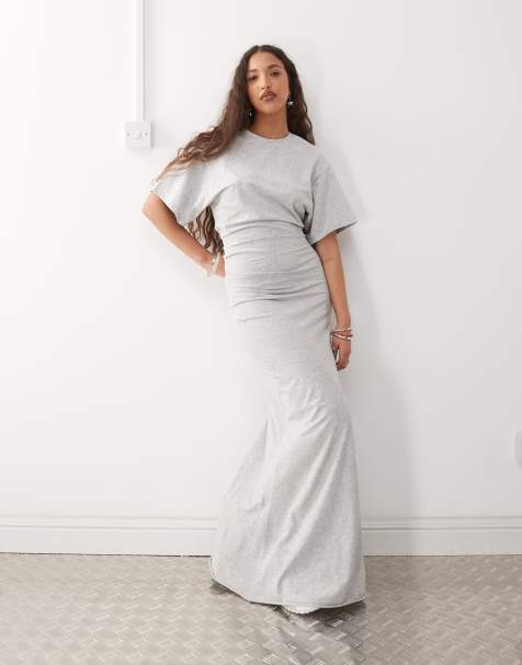 Weekday jersey maxi dress with ruched side detail in grey melange - view 1