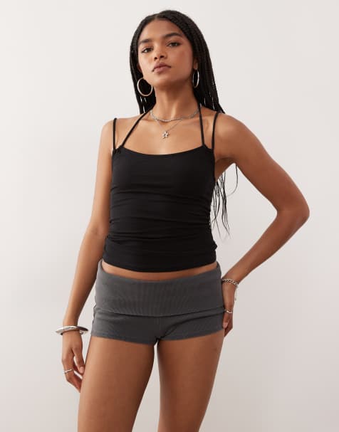 Weekday jersey ribbed hot pants with fold over waistband in washed black - view 1