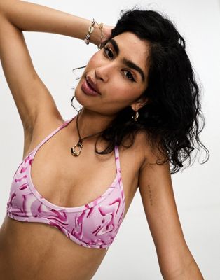 Weekday Jet Halter Bikini Top In Pink Ripple Print Exclusive To Asos