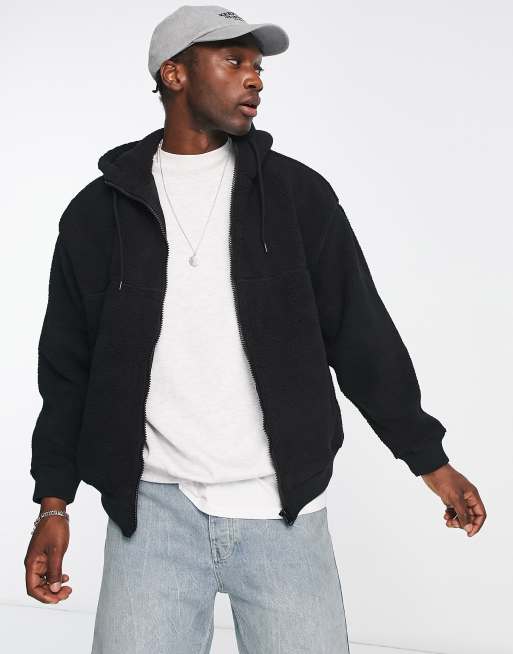 Weekday - Jim - Felpa con cappuccio in pile effetto teddy nera con zip