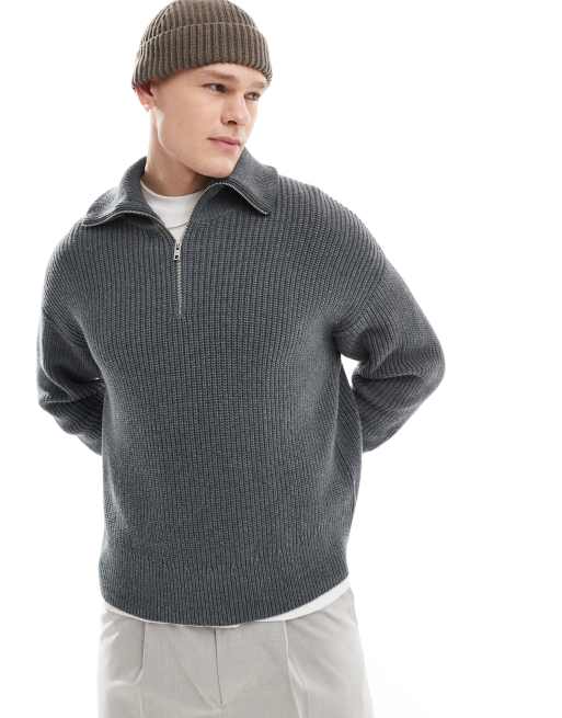 Weekday Jim wool blend half zip sweater in gray melange