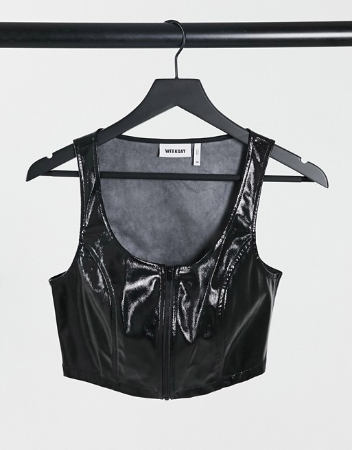 Weekday Joanna vest with zip front in black patent