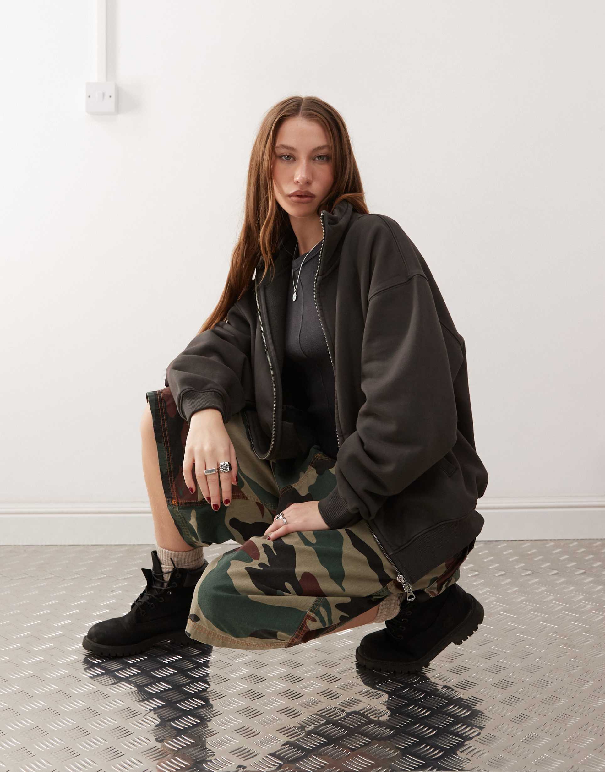 weekday jodi zip up funnel neck sweatshirt in dark gray