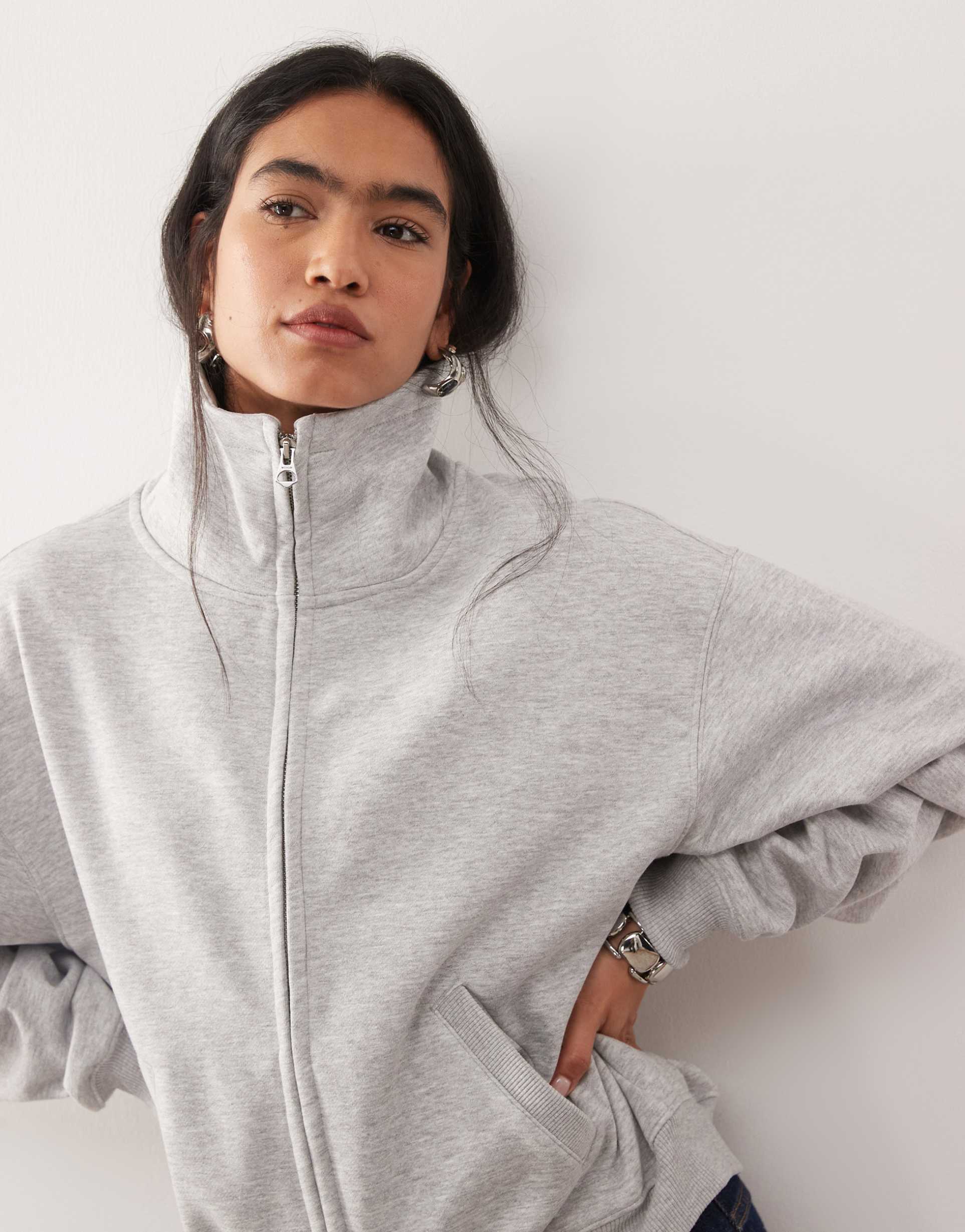 weekday jodi zip up funnel neck sweatshirt in heather gray