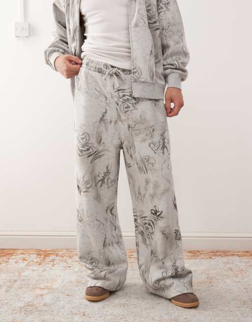 Weekday - Joggingbroek met wijde pijpen en geschreven print in gemêleerd grijs, deel van co-ord set