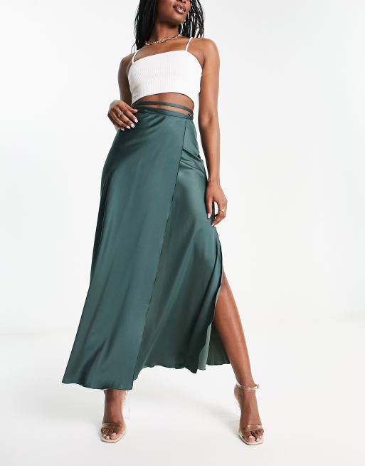 Weekday Jolie satin wrap midi skirt in dark grey | ASOS