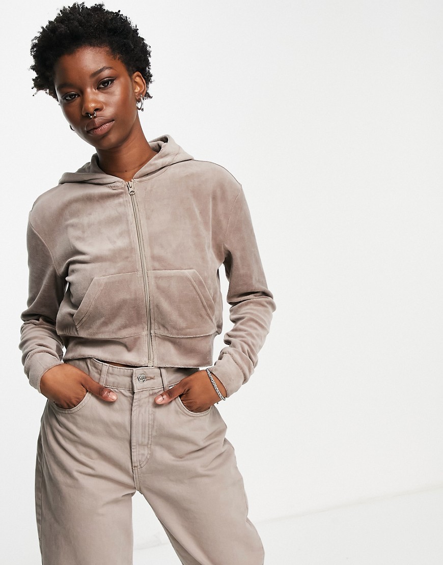 Weekday Juno cotton velour zip hoodie in mole – BEIGE-Neutral