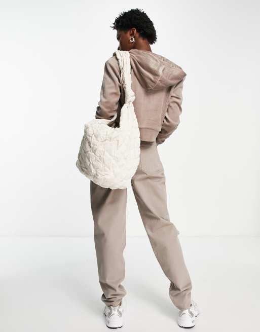 Weekday Juno cotton velour zip hoodie in mole - BEIGE, 3 of 4
