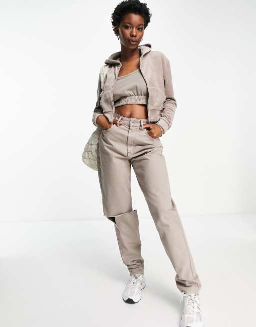 Weekday Juno cotton velour zip hoodie in mole - BEIGE, 4 of 4