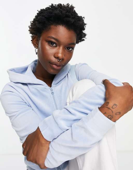 Weekday - Juno - Felpa con cappuccio e zip in velour di cotone blu - MBLUE
