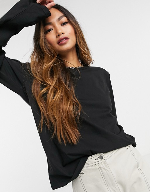 Weekday Kai cotton long sleeve t-shirt with shoulder pads in black - BLACK