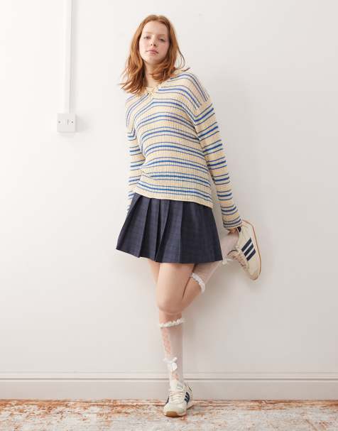 Weekday Kai v neck jumper in blue & off-white stripe
