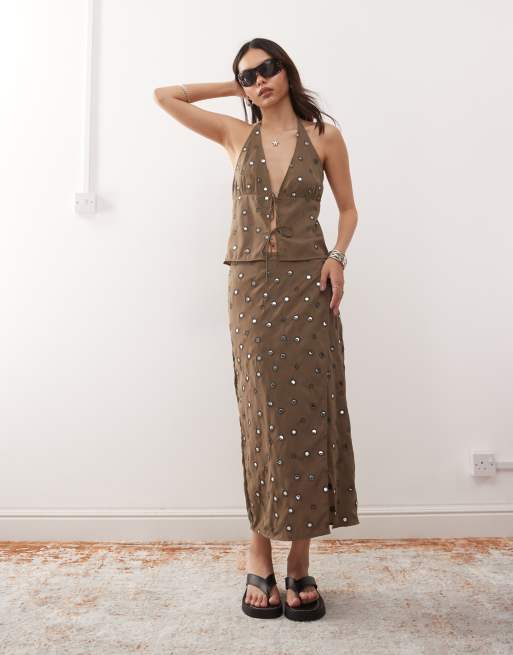 Weekday halter neck top with mirror sequin embellishment in khaki - part of a set