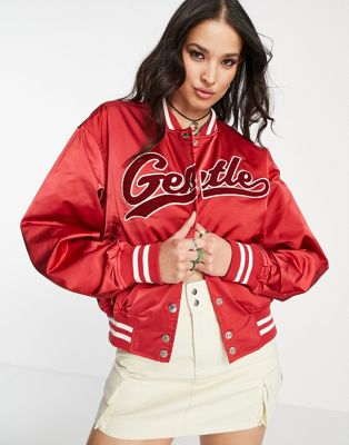Weekday gentle embroidered varsity jacket in bright red