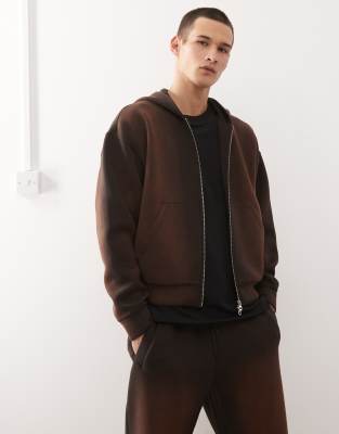 Kapuzenjacke in verwaschenem Braun mit Neopren-Optik und Reißverschluss, Kombiteil-Brown Brown S