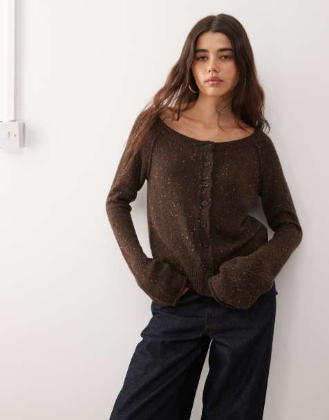 Weekday wool blend off shoulder neppy cardigan in brown melange