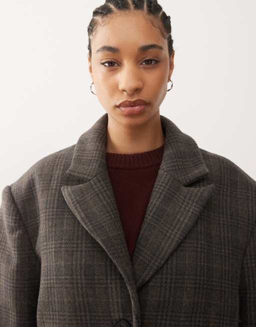 Weekday – Karierter Oversize-Mantel aus Wollmix in dunklem Maulwurfbraun mit akzentuierten Schultern, 2 von 4