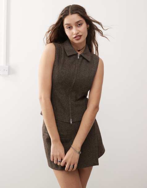 Weekday Karin co-ord zip through vest in brown herringbone - view 1